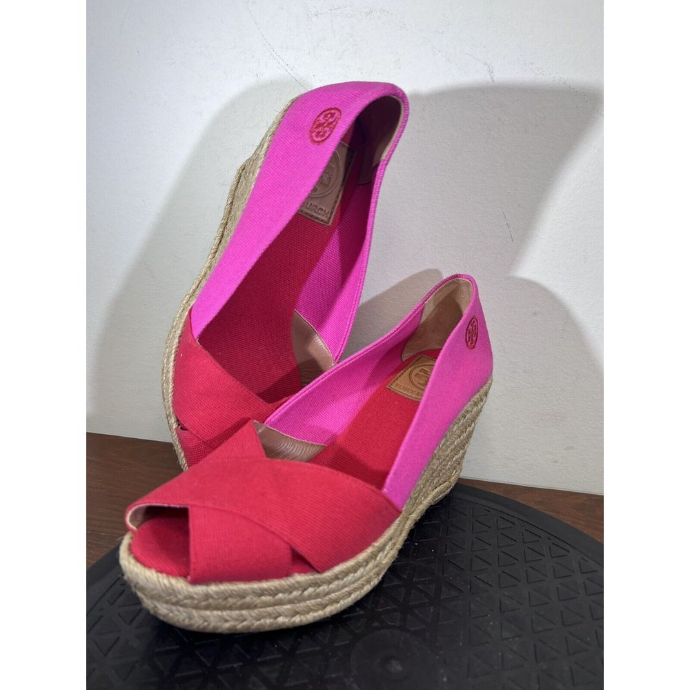 Tory Burch Filipa Wedge Espadrille Pink Red 7.5 B Canvas Slip On Open Toe NWOB